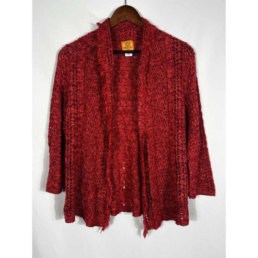 Womens Red Crochet Open Knit Cardigan Fringe Trim Size PS Y2K Fairy Cottage Boho